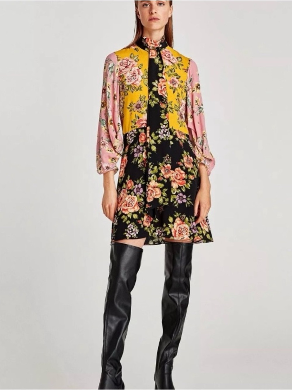 Zara Colorblock Floral Tie-Neck Mini Dress in Black, Pink & Yellow